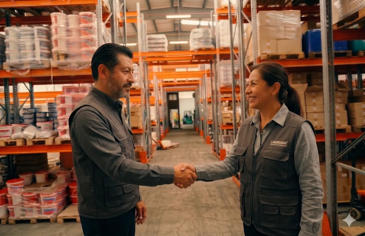 Distribuidor y comprador cerrando un acuerdo de crédito en un almacén.